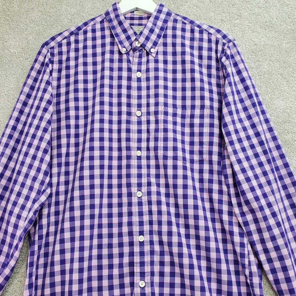 J. Crew Slim Fit Gingham Plaid Button Down Shirt Mens  M Purple Pink Long Sleeve
